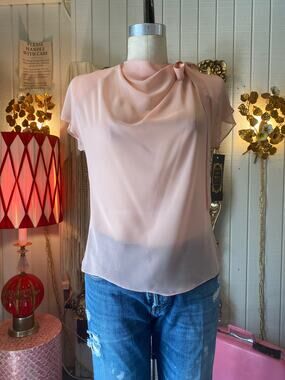 vintage 1980s sheer peach draped bouse, bonnie strauss, button back, tie neck, m